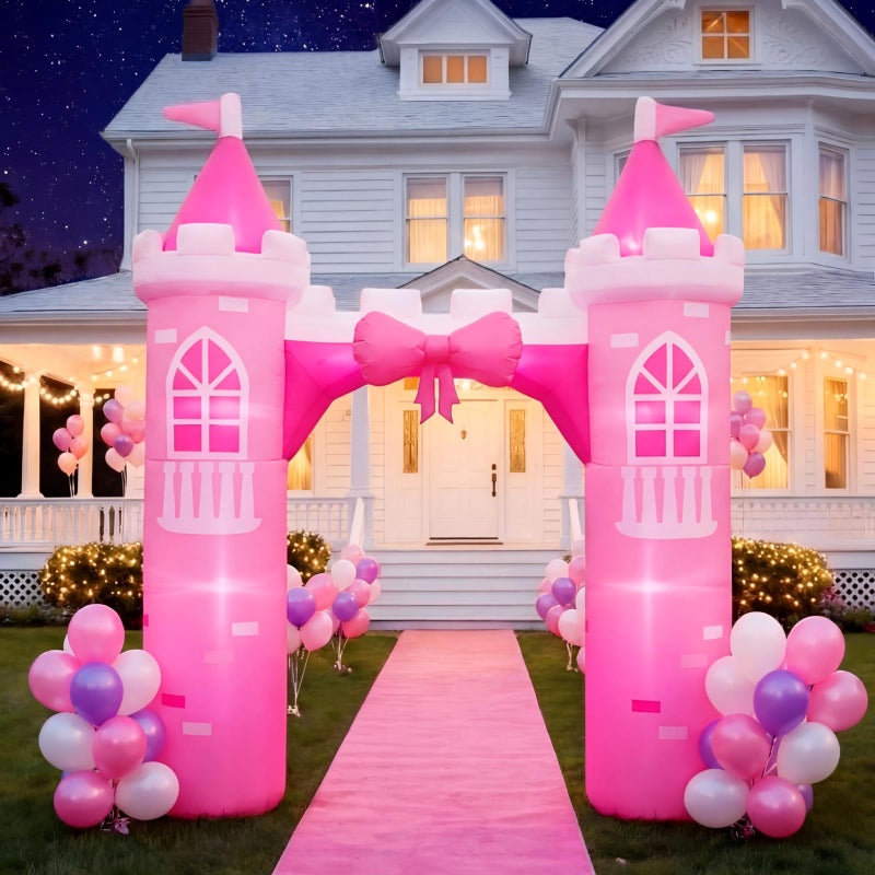 Sotiff 10ft Princess Inflatables Arch Decoration Blow-up Pink Castle Outdoor Decor with Built-in LED Light Blower for Girls Indoor Outdoor Yard Party Holiday Birthday Supplies - Image 1