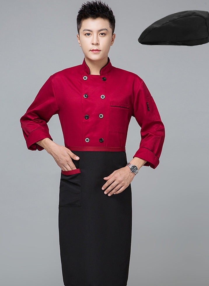 Loquat Chef Uniform Apron Suit Long Sleeves with a Hat Suitable For Hotel Western Restaurant Red - Image 1