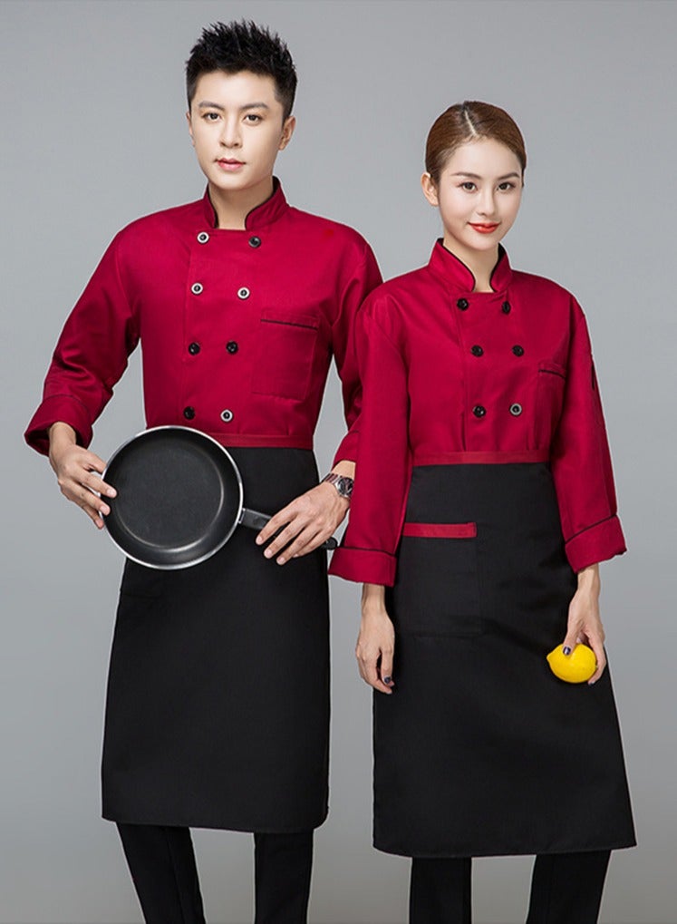 Loquat Chef Uniform Apron Suit Long Sleeves with a Hat Suitable For Hotel Western Restaurant Red - Image 3