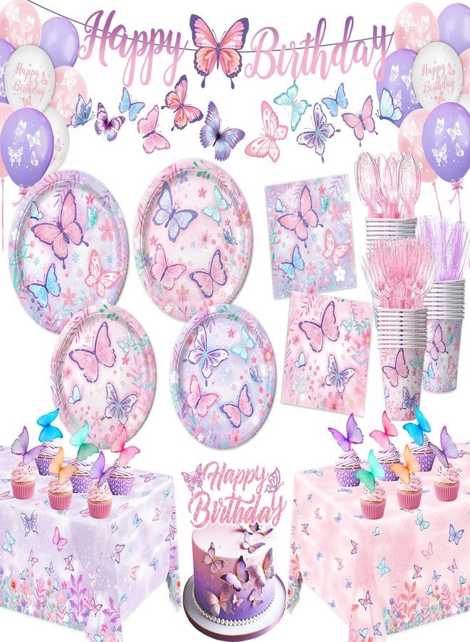 LINHAXM Butterfly Birthday Decorations, Butterfly Birthday Supplies - Plates, Napkins, Cups, Cutlery, Cake & Cupcake Toppers, Banner, Hanging Swirls, Tablecloth, Balloons for Butterfly Decorations, Serve 20 - Image 1