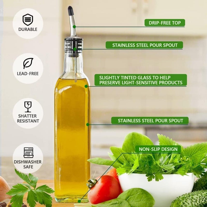 Leaflai Olive Oil Dispenser Bottle, 1 Pcs Glass Olive Oil Dispenser and Vinegar Dispenser Set with 2 Stainless Steel Pourers, 2 Labels,1 Brush and 1 Funnel Oil Bottles for Kitchen (500ml) - Image 5