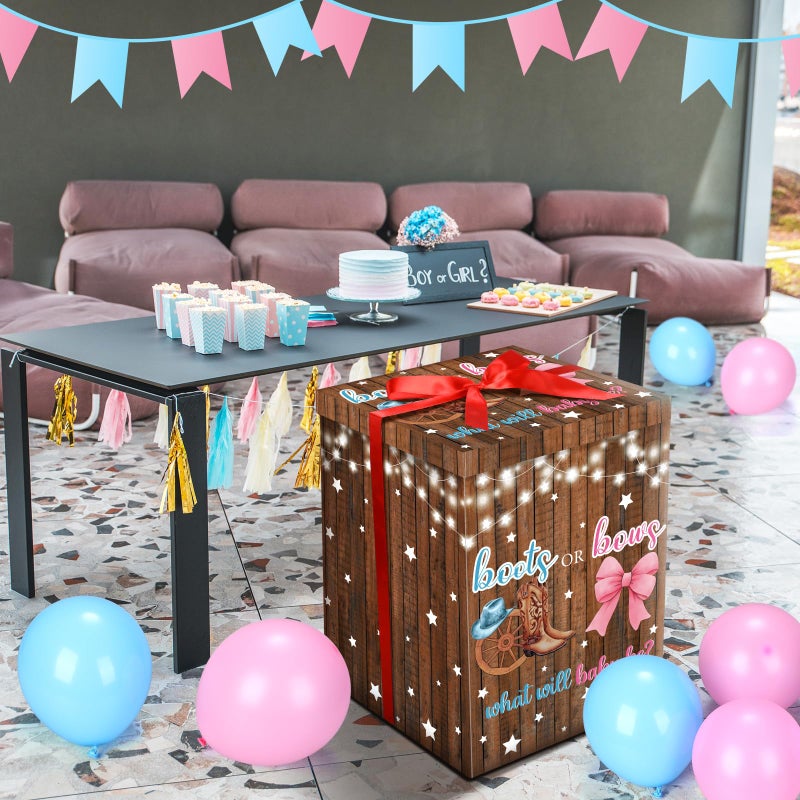 Hungdao Gender Reveal Balloon Box with Ribbon and 10 Pink and Blue Balloons Gender Reveal Games He or She Open to See for Party Decoration 12"x12"x16"(Boots and Bow) - Image 4