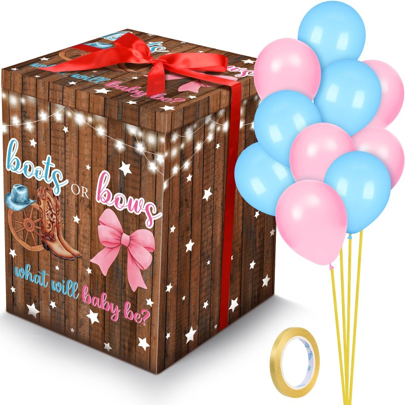 Hungdao Gender Reveal Balloon Box with Ribbon and 10 Pink and Blue Balloons Gender Reveal Games He or She Open to See for Party Decoration 12"x12"x16"(Boots and Bow) - Image 1