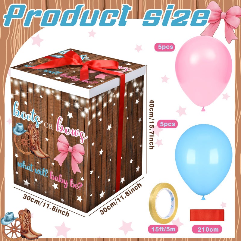 Hungdao Gender Reveal Balloon Box with Ribbon and 10 Pink and Blue Balloons Gender Reveal Games He or She Open to See for Party Decoration 12"x12"x16"(Boots and Bow) - Image 2