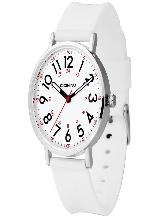 cicininc Watch with Second Hand Nursing for Women, Analog Watches for Nurses, 12/24 Hour Military Time, Easy Read Dial, Colorful Silicone Band, White, Modern - Image 1