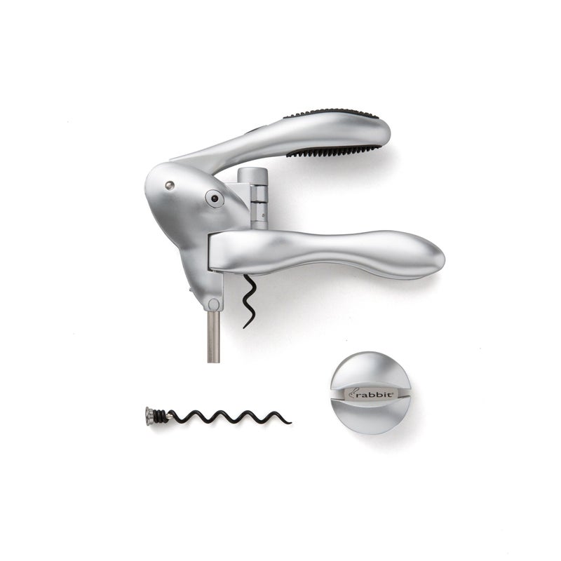 rabbit Rabbit Original Lever Corkscrew Wine Opener with Foil Cutter and Extra Spiral (Silver)  - Image 1