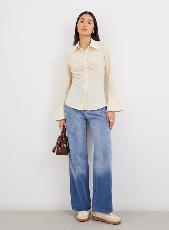 Styli Cream Gathered Shirt with Bell Sleeve - Image 2