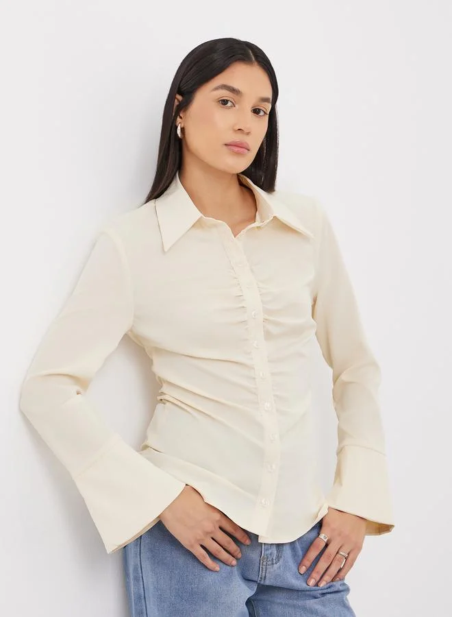 Styli Styli Cream Gathered Shirt with Bell Sleeve