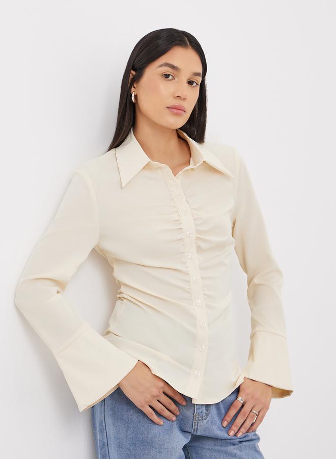 Styli Cream Gathered Shirt with Bell Sleeve - Image 3