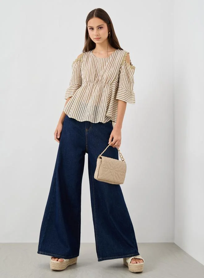 تايك تو Take Two Texture Striped Lace Trim Blouse with Cut-Out Detail