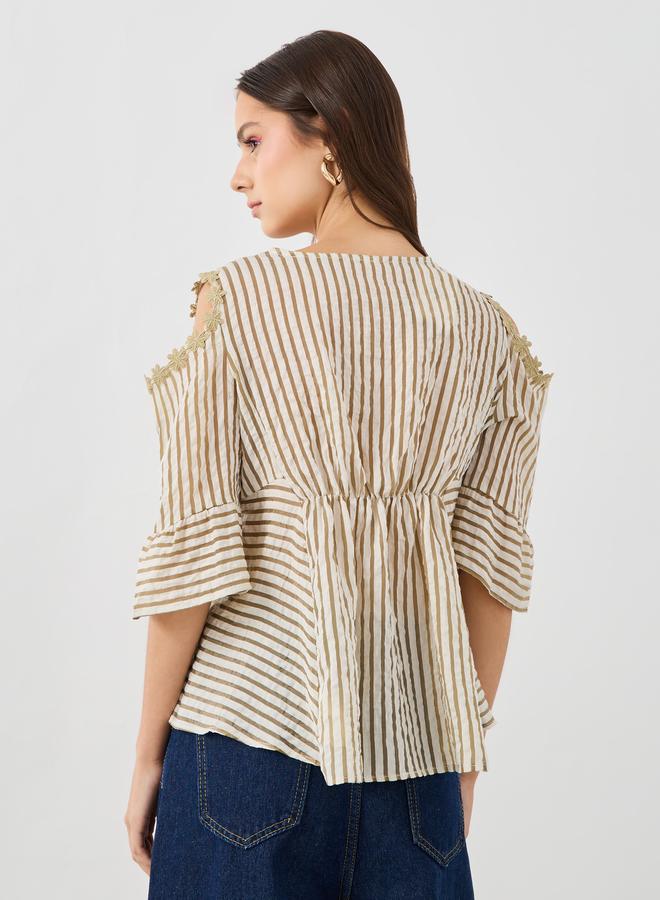 Take Two Texture Striped Lace Trim Blouse with Cut-Out Detail - Image 4