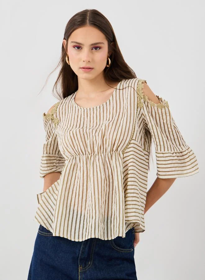 تايك تو Take Two Texture Striped Lace Trim Blouse with Cut-Out Detail