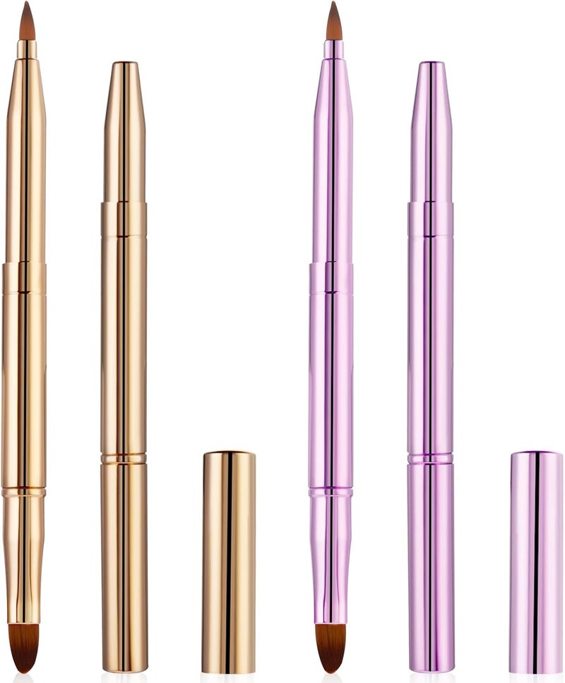 2 Pcs Lip Brush for Lipstick Double Ended Retractable Lipstick Brush with Cap Reusable Versatile Lip Applicator Wands for Lips Gloss Eyeshadow Include Lid Gold and Pink