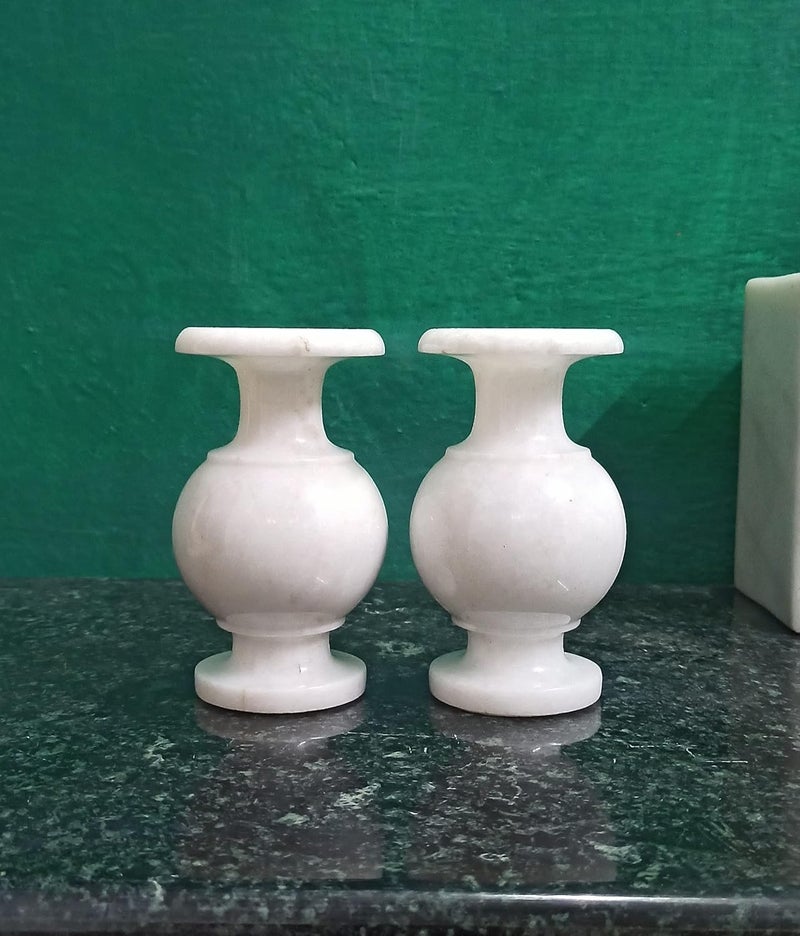 RM Stylish Home Decor Gorgeous Flower Vase Marble Cylinder Vases Utility Gift Decoration Living Room Office Natural Floral Vase Finely Polished Stone 14cm Pack of 2 Peice White - Image 1