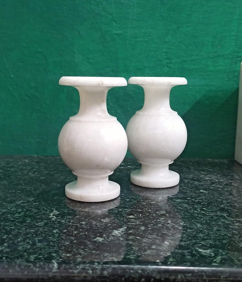 RM Stylish Home Decor Gorgeous Flower Vase Marble Cylinder Vases Utility Gift Decoration Living Room Office Natural Floral Vase Finely Polished Stone 14cm Pack of 2 Peice White - Image 2
