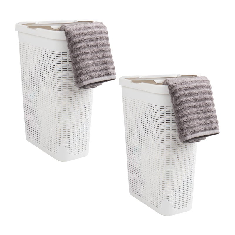 Mind Reader Slim Laundry Hamper with Lid 40L Clothes Basket Premium Wicker Design Plastic Set of 2 White