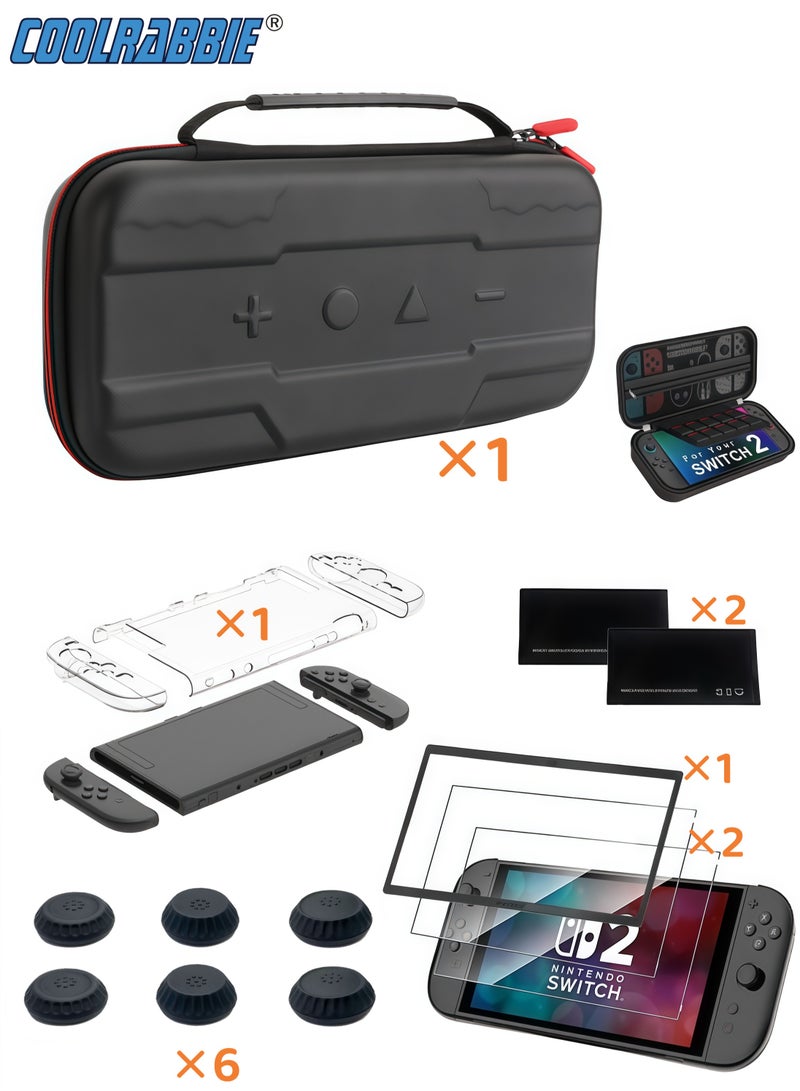 CoolRabbie Switch 2 Accessories Bundle for Nintendo,13 in 1 Game Kit: Portable EVA Bag With Switch 2 Crystal Cover Kit, 2 HD Tempered Glass Screen Protectors,6 Thumb Grips, Hard Shell Carrying Case for Nintendo Switch 2 - Image 1