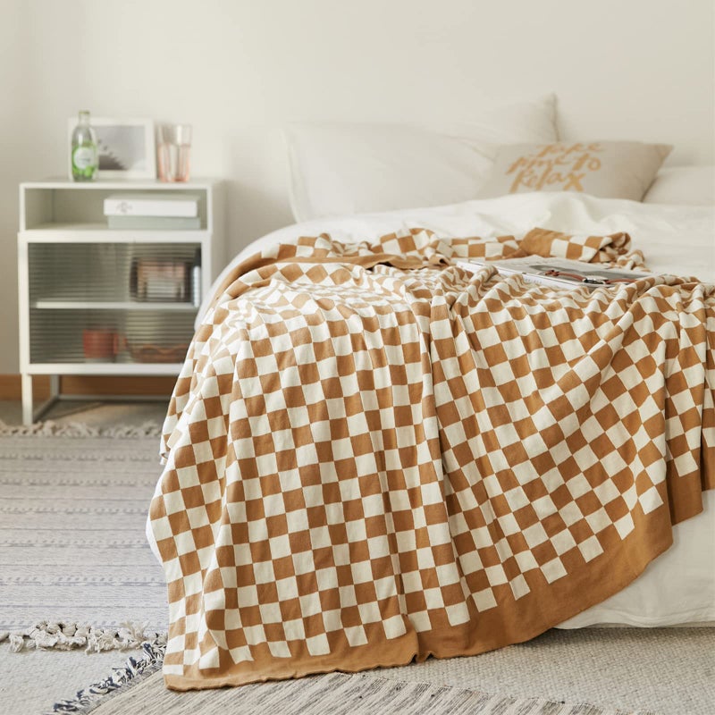 YIRUIO 100 Pure Cotton Throw Blanket Checkered Lightweight UltraThin Knit Weave for Living Room Bedroom Kitchen Bed Couch Sofa Farmhouse Khaki 51 L x 63 W