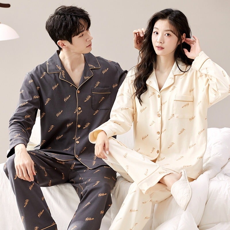 Couple Pajamas Spring/Autumn Long Sleeve Cardigan Set - Cotton, High-End Polo Collar