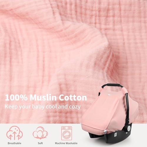 Rquite Car Seat Cover Baby Carseat Covers Girl Boy Breathable Muslin Cotton Large Mesh Window Infant Car Seat Canopy Baby Carrier Cover Stroller Sun Shade for Summer Hot Day Pink - Image 3