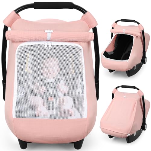 Rquite Car Seat Cover Baby Carseat Covers Girl Boy Breathable Muslin Cotton Large Mesh Window Infant Car Seat Canopy Baby Carrier Cover Stroller Sun Shade for Summer Hot Day Pink - Image 1