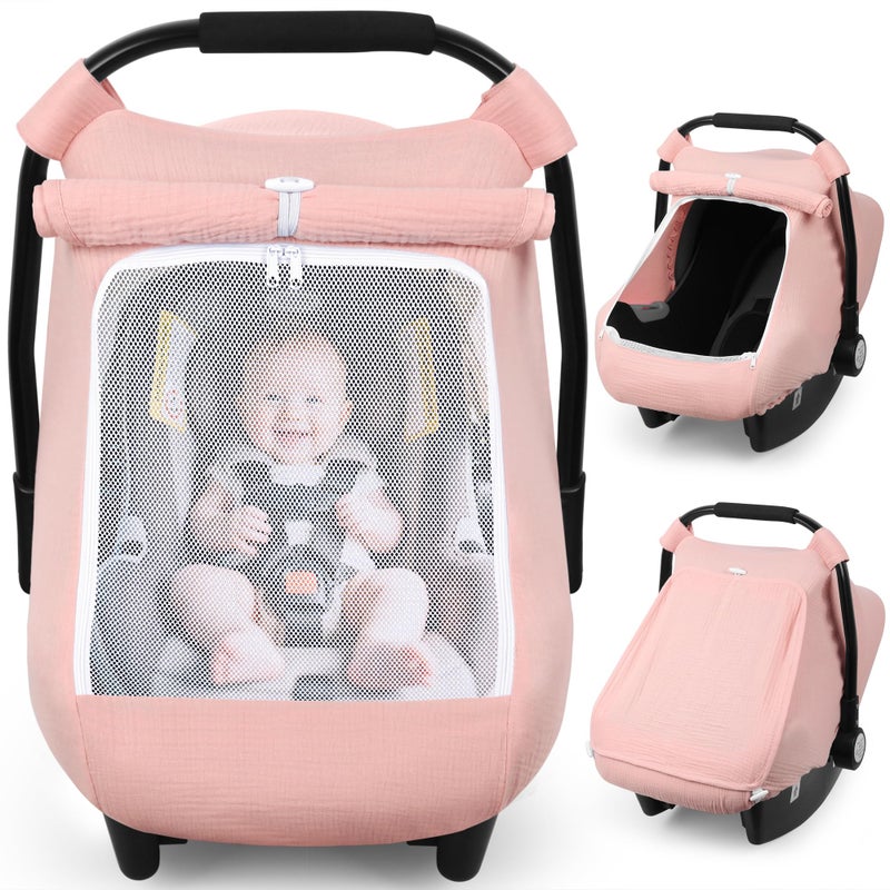 Rquite Car Seat Cover Baby Carseat Covers Girl Boy Breathable Muslin Cotton Large Mesh Window Infant Car Seat Canopy Baby Carrier Cover Stroller Sun Shade for Summer Hot Day Pink - Image 2