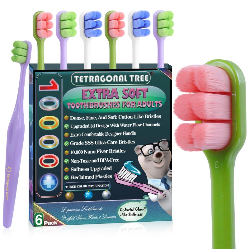 Tetragonal tree 6 Pack Extra Soft Toothbrushes for Adults - 10,000 Ultra Soft Bristles for Sensitive Teeth & Receding Gums | Dentist Recommended Gentle Cleaning | BPA-Free | Colors May Vary - Image 1