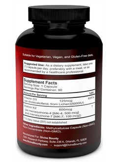 Divine Bounty Vitamin K2 (MK7 & MK4) with D3 Supplement - Vitamin K & D as MK-7 100mcg, MK-4 500mcg, and 5000 IU Vitamin D3 3-in-1 Formula - Bone and Heart Support - 90 Non-GMO Vegetarian Capsules  - Image 2