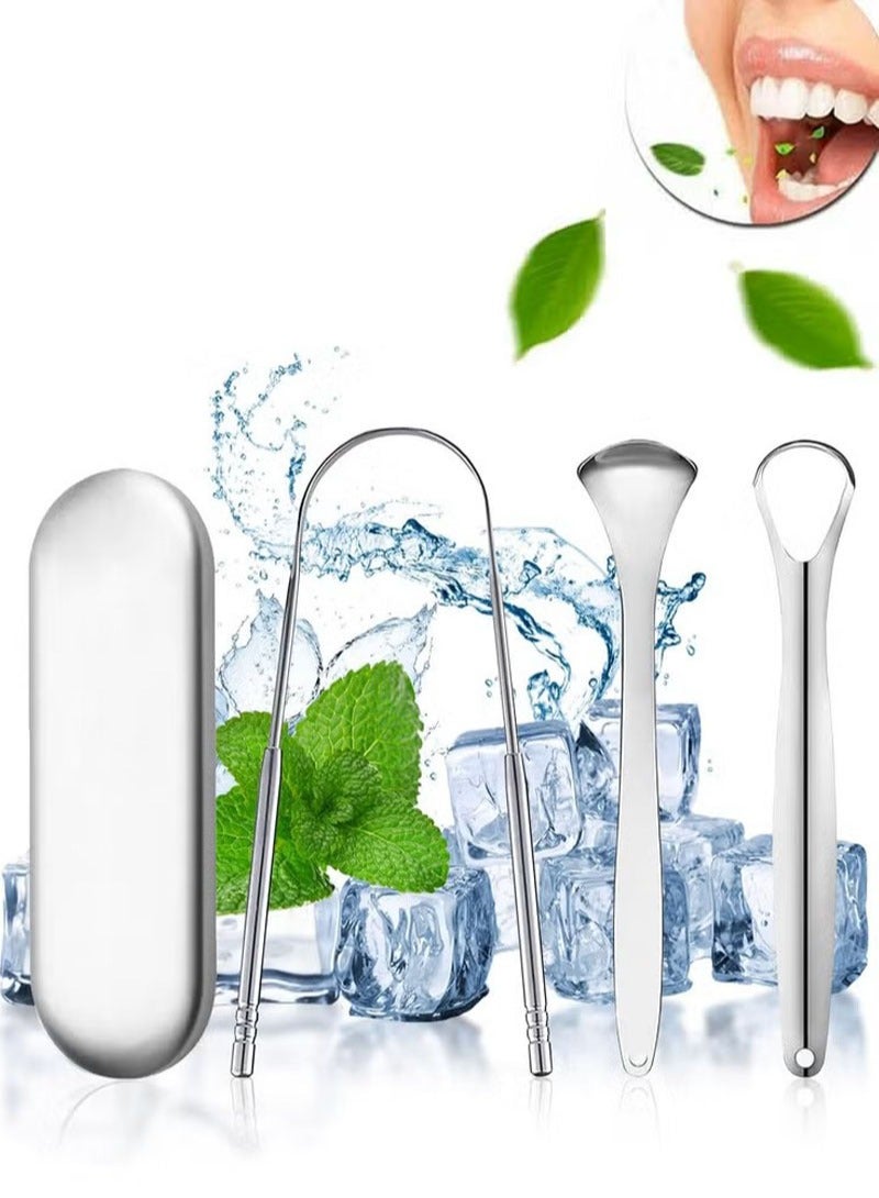 مكشطة اللسان، 4 عبوات من الفولاذ المقاوم للصدأ لتنظيف اللسان مكشطة اللسان المحمولة القابلة لإعادة الاستخدام لتنظيف الفم والحد من رائحة الفم الكريهة - Image 1