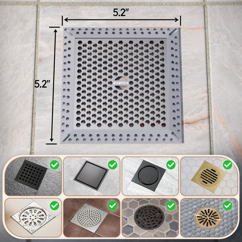 BAOTIYA Not Moving Shower Drain Hair Catcher,Effective Hair Catcher Shower Drain,Square Flat Shower Drain Cover Protector Filter,Efficient Drainage,Hair Trap Stopper (Gray, 4 inch) - Image 5