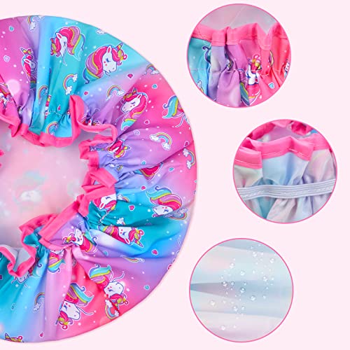 Olypegic Kids Shower Cap, 3 Pcs Girls Shower Cap for Kids Reusable Waterproof Adjustable Large Hair Cap Unicorn Mermaid Rainbow Cute Hair Cover Hat - Image 2