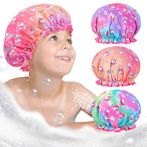 Olypegic Kids Shower Cap, 3 Pcs Girls Shower Cap for Kids Reusable Waterproof Adjustable Large Hair Cap Unicorn Mermaid Rainbow Cute Hair Cover Hat - Image 1
