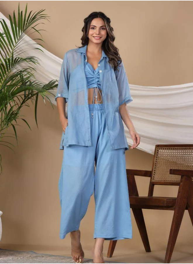 #بي Elegant Blue Three-Piece Co-Ord Set – Sheer Shirt, Ruched Crop Top & Wide-Leg Pants