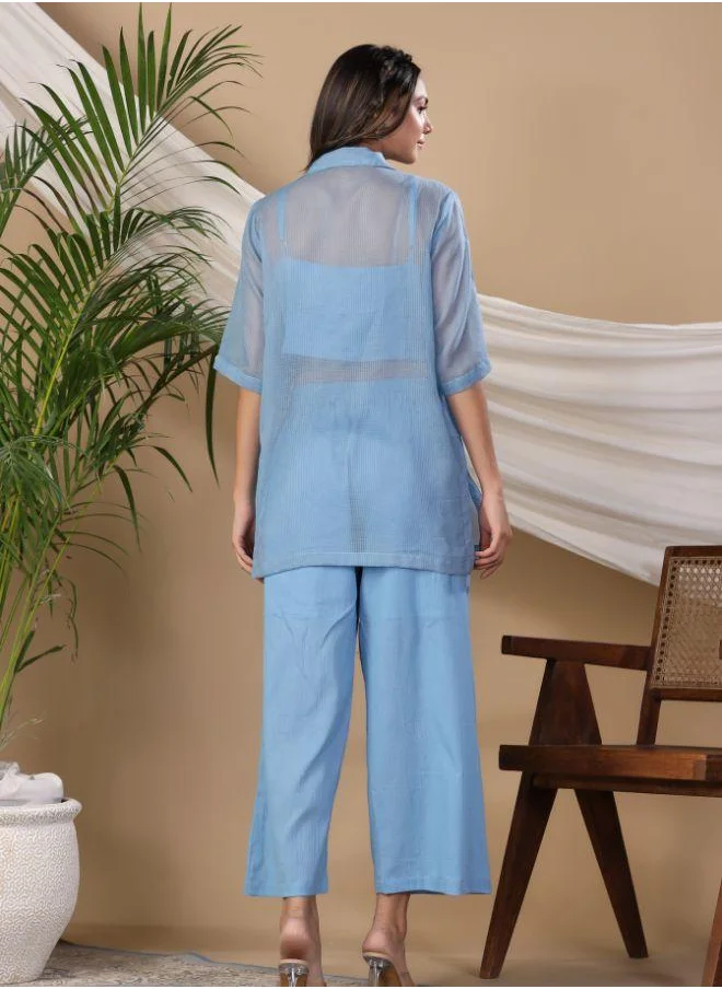 #بي Elegant Blue Three-Piece Co-Ord Set – Sheer Shirt, Ruched Crop Top & Wide-Leg Pants