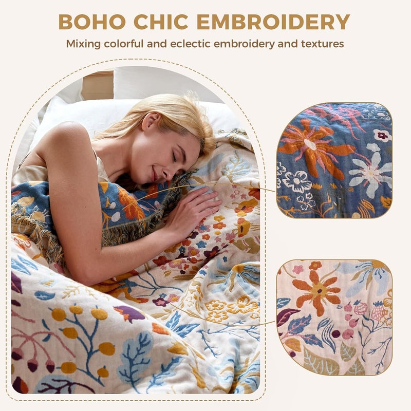 LUTBM Boho Throw Blanket with Florals & Leaves Embroidery - Reversible Double Sided,Lightweight Cotton Gauze Throws for Couch,Bed,Sofa & Chair Decor - Bohemian Living Room Accent Gift 50"x60" - Image 4