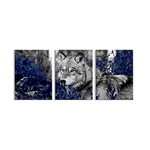 Kalormore Wildlife Animal Canvas Wall Art Black White Wolf with Blue Eyes Picture Giclee Prints Artwork Framed and Stretched Painting for Modern Home Living Room Office Bedroom Bathroom Decoration - Image 1