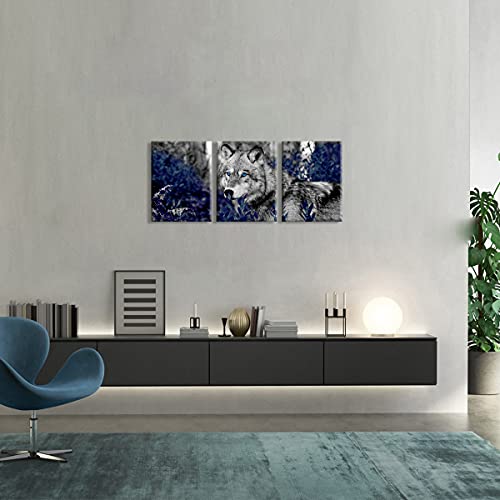 Kalormore Wildlife Animal Canvas Wall Art Black White Wolf with Blue Eyes Picture Giclee Prints Artwork Framed and Stretched Painting for Modern Home Living Room Office Bedroom Bathroom Decoration - Image 3