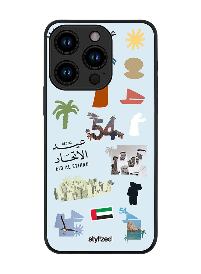 Stylizedd Cover for iPhone 15 Pro Case, Rugged Black Slim fit Soft Flexible Anti Drop TPU Gel Thin Protective Phone Cases- Eid Al Etihad 54th UAE National Day, Light Blue - Image 1