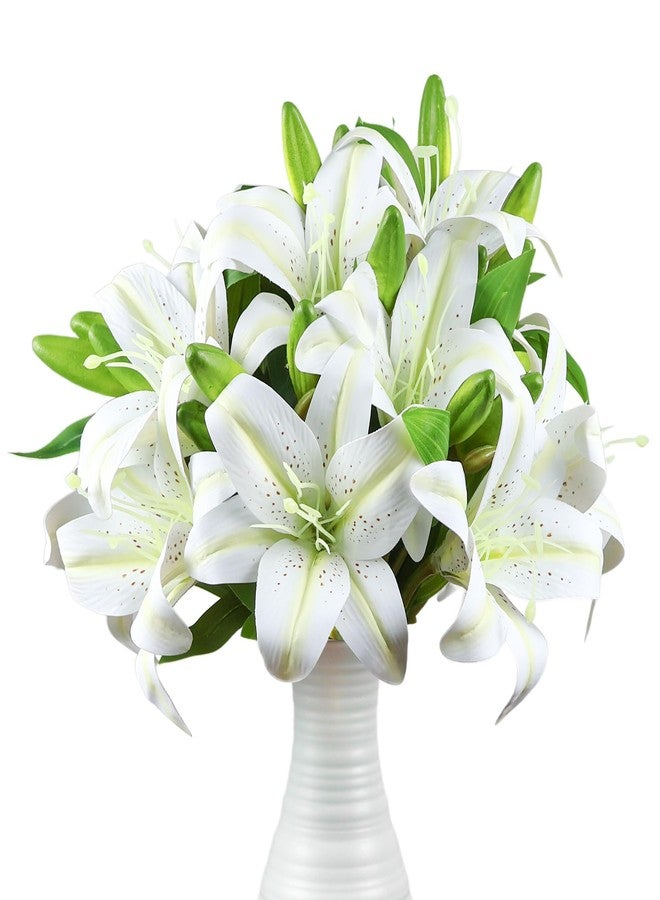 Ikosora 12 Pcs White Artificial Lily Flower, Realistic Long Stem Real Touch Stargazer Lily, Faux Lily Flower Fake Floral with Rods for Home Party Wedding Table Centerpiece Garden DIY Craft Decoration - Image 1