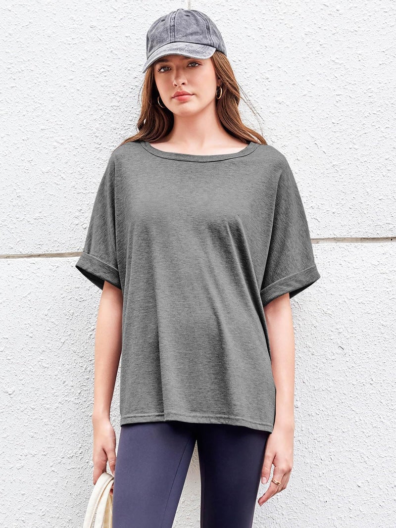GeGekoko Women Oversized T-Shirt Summer Casual Short Sleeve Loose Tee Tops Grey - Image 5