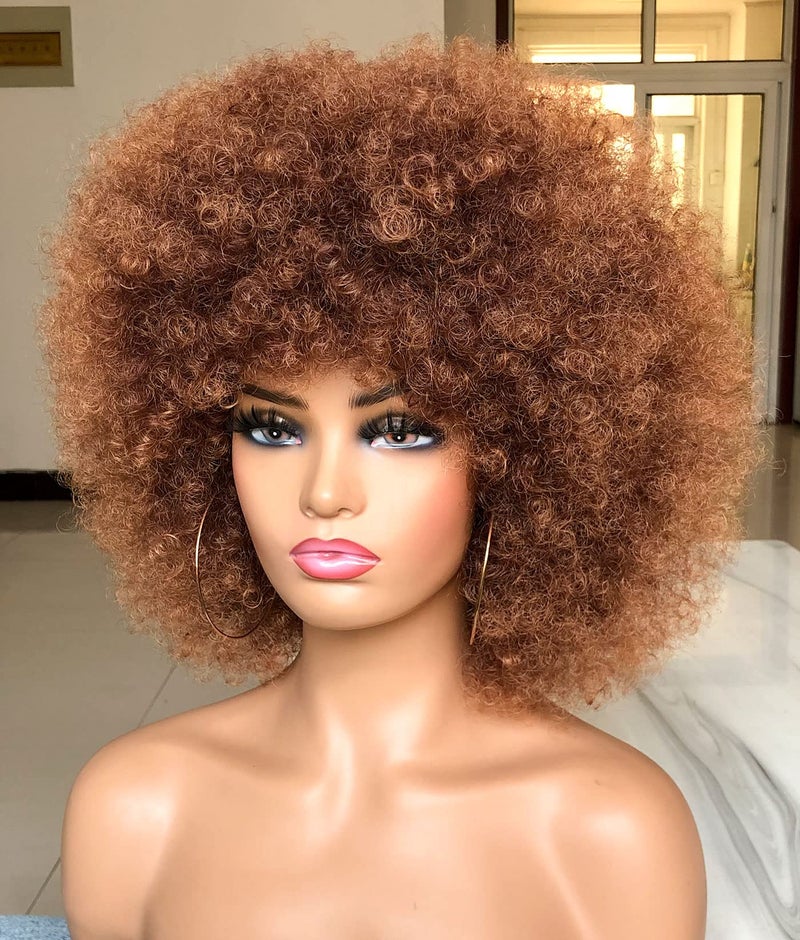 HIHOO Short Afro Wig with Bangs for Black Women Afro Kinky Curly Wig 70s Premium Synthetic Big Afro Wigs(Brown) - Image 3