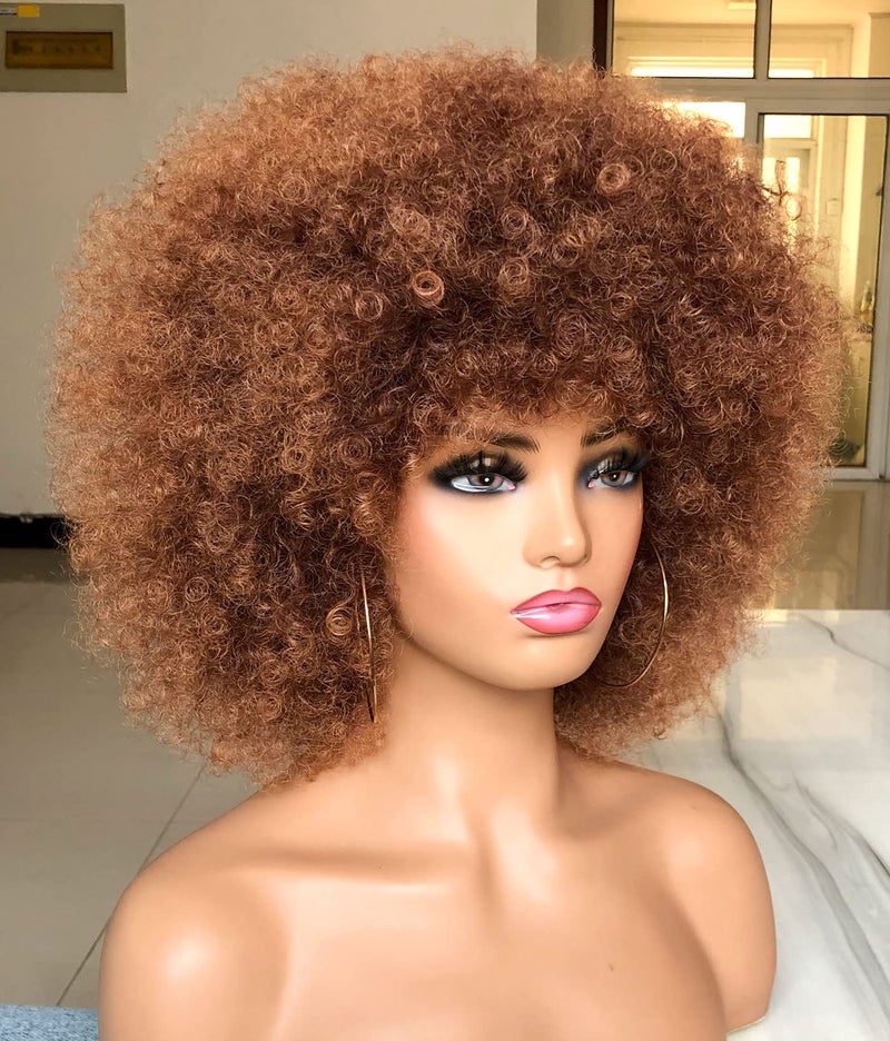 HIHOO Short Afro Wig with Bangs for Black Women Afro Kinky Curly Wig 70s Premium Synthetic Big Afro Wigs(Brown) - Image 4