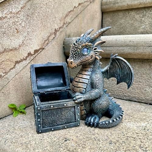 Jy.Cozy Garden Dragon Statue Solar Powered Outdoor Figurine Light Decor Cute and Hold Glowing Treasure Chest Resin Sculpture Home Decoration for Porch Patio Lawn Farm Yard Housewarming Ornament Gift - Image 4