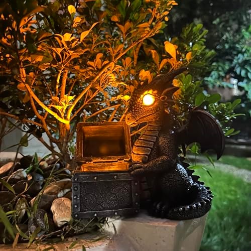 Jy.Cozy Garden Dragon Statue Solar Powered Outdoor Figurine Light Decor Cute and Hold Glowing Treasure Chest Resin Sculpture Home Decoration for Porch Patio Lawn Farm Yard Housewarming Ornament Gift - Image 1