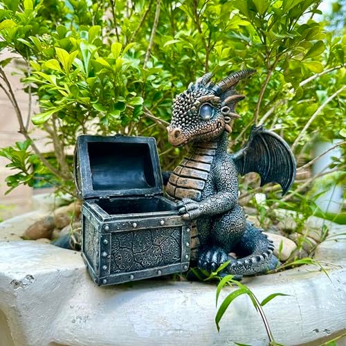 Jy.Cozy Garden Dragon Statue Solar Powered Outdoor Figurine Light Decor Cute and Hold Glowing Treasure Chest Resin Sculpture Home Decoration for Porch Patio Lawn Farm Yard Housewarming Ornament Gift - Image 2