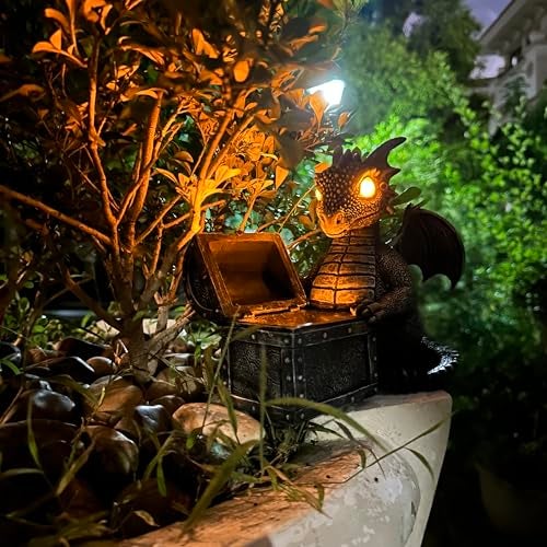 Jy.Cozy Garden Dragon Statue Solar Powered Outdoor Figurine Light Decor Cute and Hold Glowing Treasure Chest Resin Sculpture Home Decoration for Porch Patio Lawn Farm Yard Housewarming Ornament Gift - Image 3