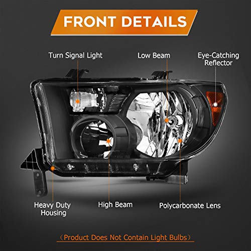 LBRST Headlight Assembly for Toyota Sequoia 2008-2017 for Toyota Tundra 2007-2013 Black Housing Amber Reflector Clear Lens Driver and Passenger Side Headlamp - Image 3