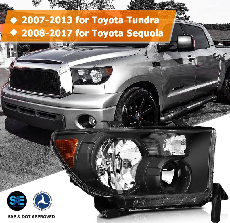 LBRST Headlight Assembly for Toyota Sequoia 2008-2017 for Toyota Tundra 2007-2013 Black Housing Amber Reflector Clear Lens Driver and Passenger Side Headlamp - Image 2