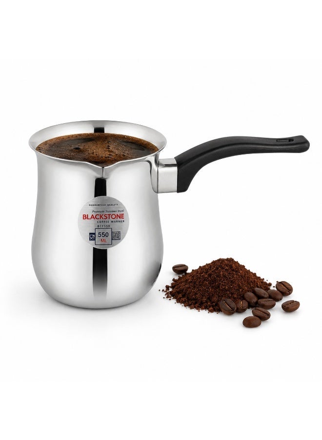 BLACKSTONE Stainless Steel Turkish Coffee Warmer Pot, 550ml, with Pouring Spout and Heat-Resistant Black Handle for Coffee, Milk, Tea, Butter and Sauces, Silver, BCF550 - Image 1