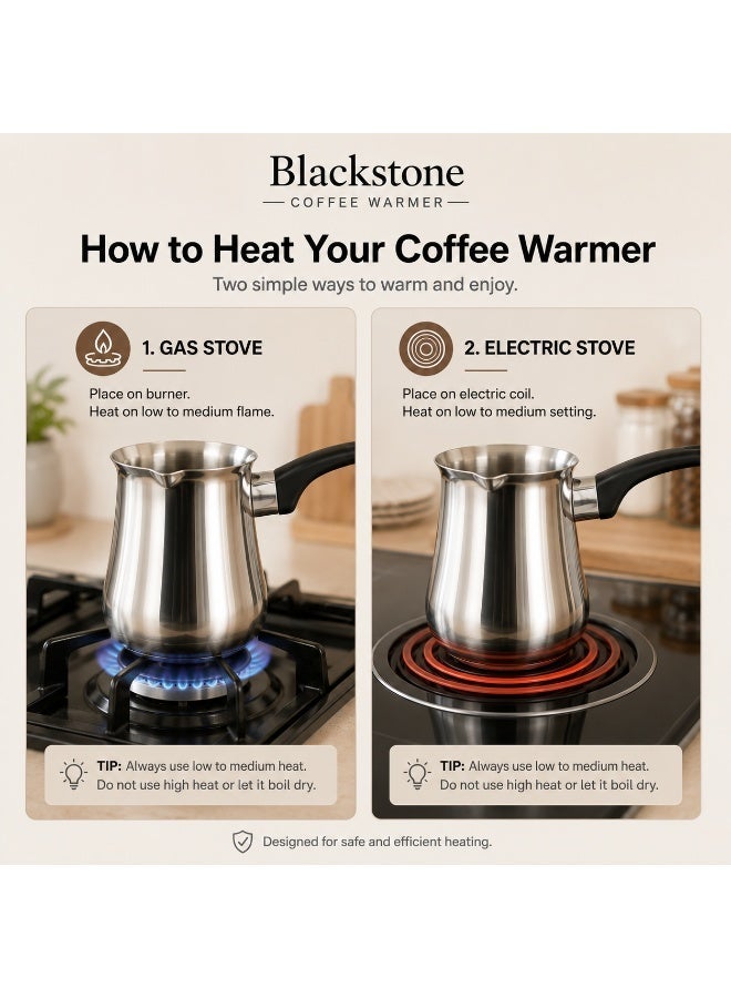 BLACKSTONE Stainless Steel Turkish Coffee Warmer Pot, 550ml, with Pouring Spout and Heat-Resistant Black Handle for Coffee, Milk, Tea, Butter and Sauces, Silver, BCF550 - Image 5